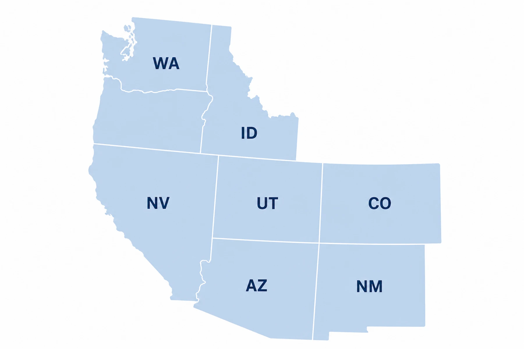 Map of the Western U.S. region showing Washington, Idaho, Nevada, Utah, Colorado, Arizona, and New Mexico.