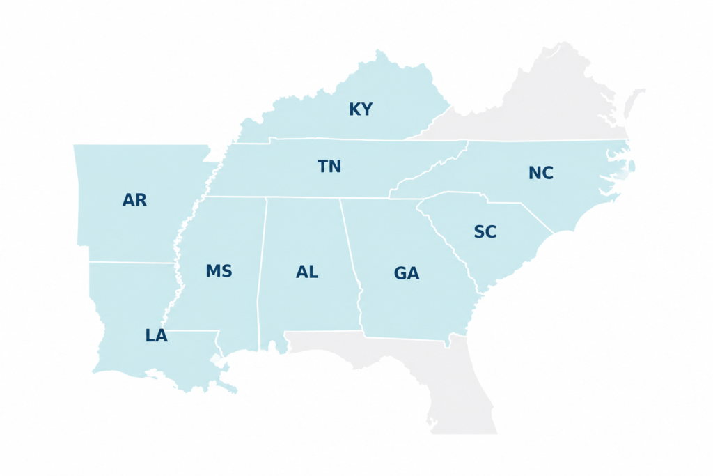 Map of the Southeast Growth Corridor showing served states in blue and surrounding context states in gray.