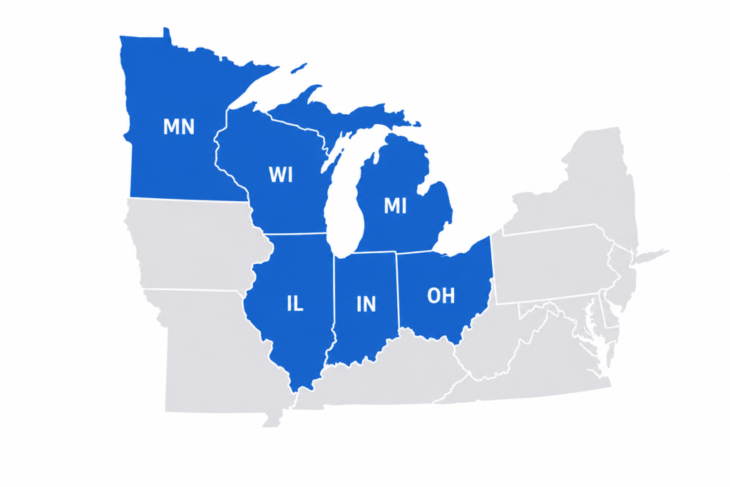 Map of the Great Lakes and Rust Belt region showing Ohio, Michigan, Indiana, Illinois, Wisconsin, and Minnesota.