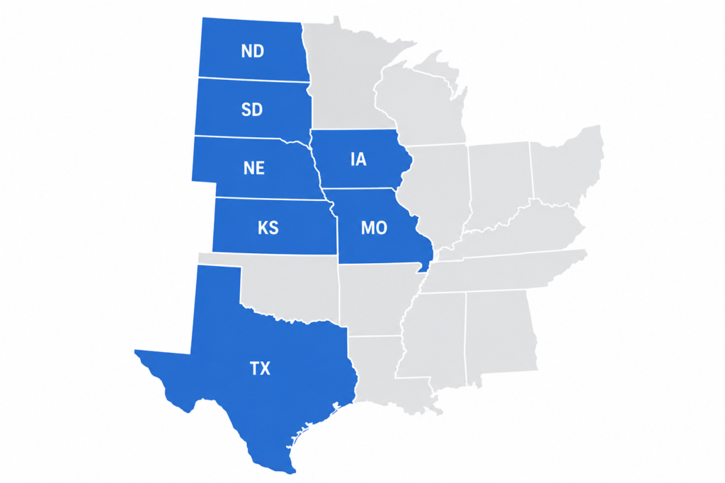 Map of the Midwest and South Central U.S. region showing Kansas, Nebraska, South Dakota, North Dakota, Iowa, Missouri, and Texas.