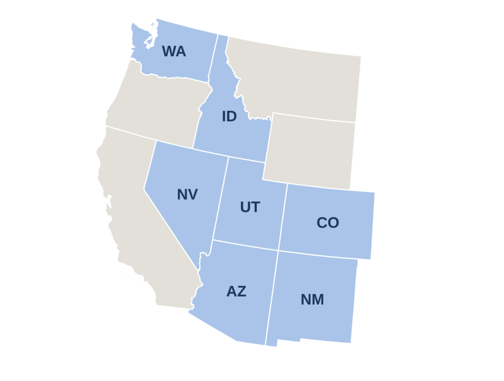 Map of the Western U.S. region showing Washington, Idaho, Nevada, Utah, Colorado, Arizona, and New Mexico.