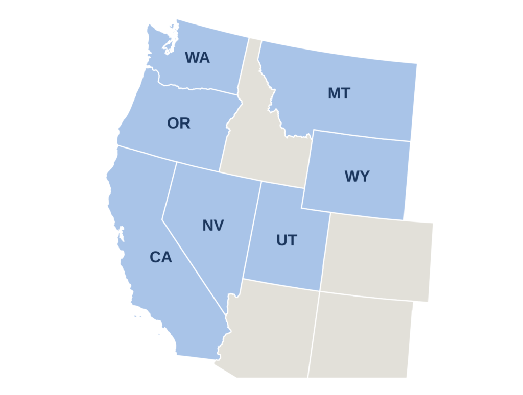 Map of the Pacific Northwest and Mountain Corridor region showing Washington, Oregon, Nevada, Utah, and California.
