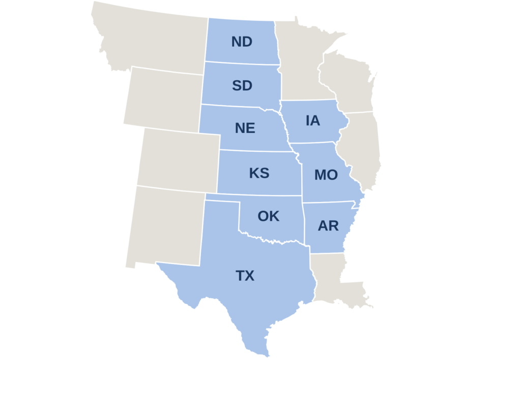 Map of the Midwest and South Central U.S. region showing Kansas, Nebraska, South Dakota, North Dakota, Iowa, Missouri, and Texas.