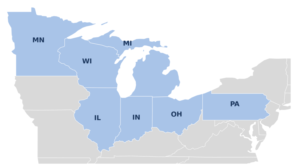 Map of the Great Lakes and Rust Belt region showing the seven states served: Minnesota, Wisconsin, Michigan, Illinois, Indiana, Ohio, and Pennsylvania.