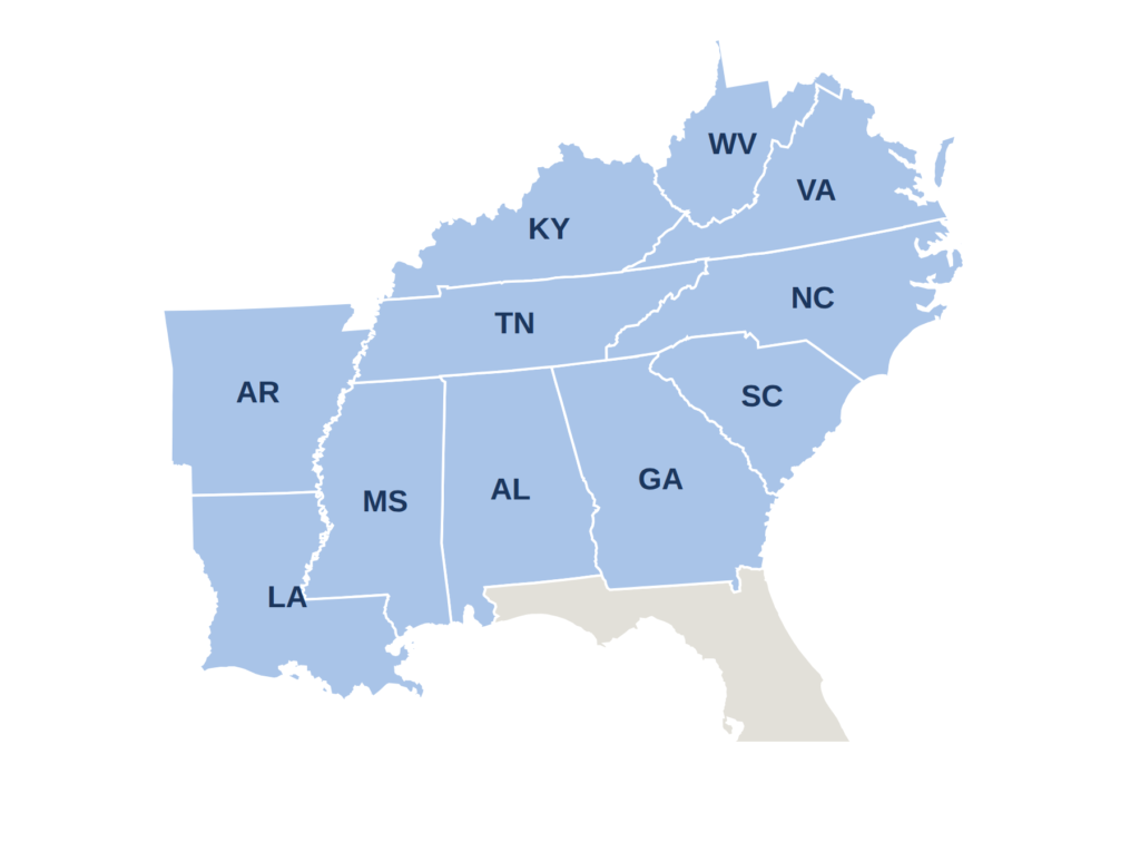 Map of the Southeast Growth Corridor showing served states in blue and surrounding context states in gray.